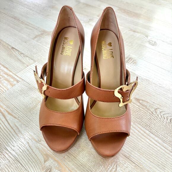 Love Moschino Leather Peep Toe Stacked‎ Heel Mary Jane Pumps | Brown 39 - Picture 5 of 11